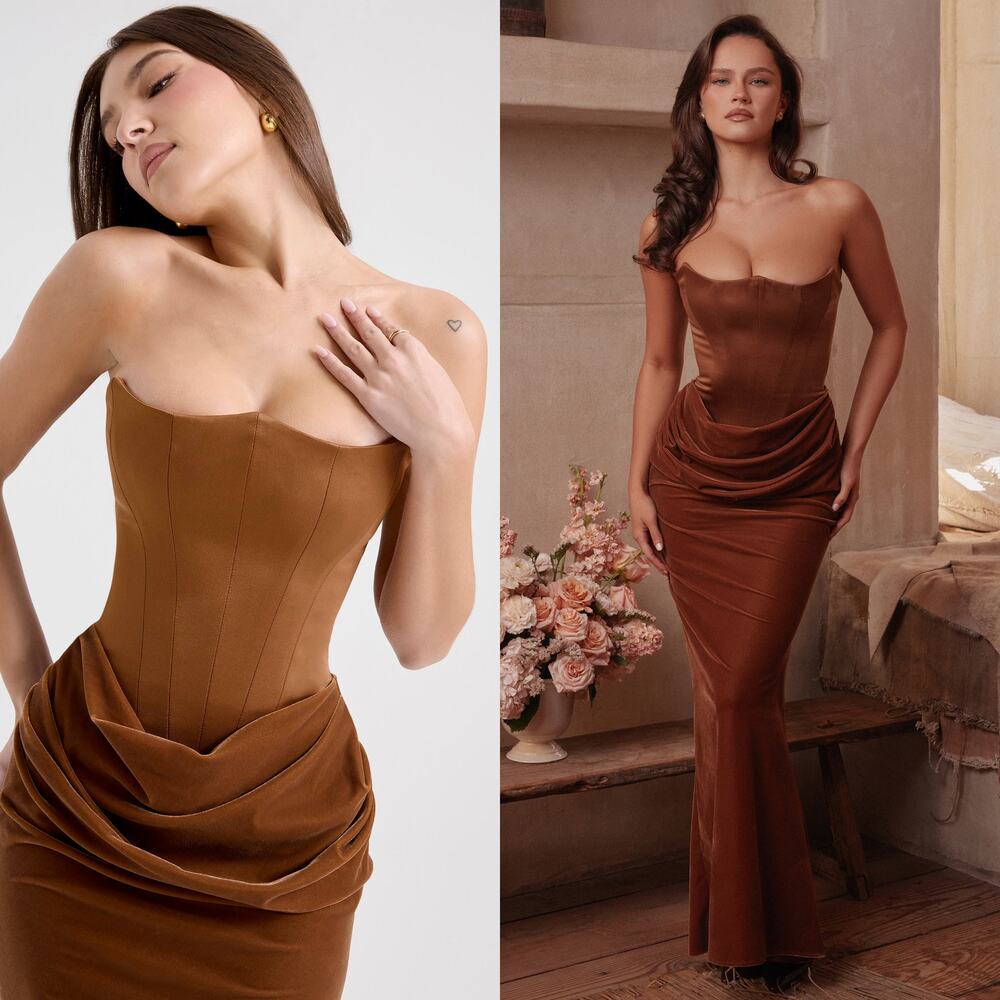 House of cb persephone  coffee velvet strapless corset maxi dress